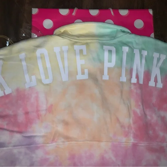 NEW VS PINK Pastel Tie Dye Quarter Zip Logo Varsity Sweatshirt. - Picture 4 of 11